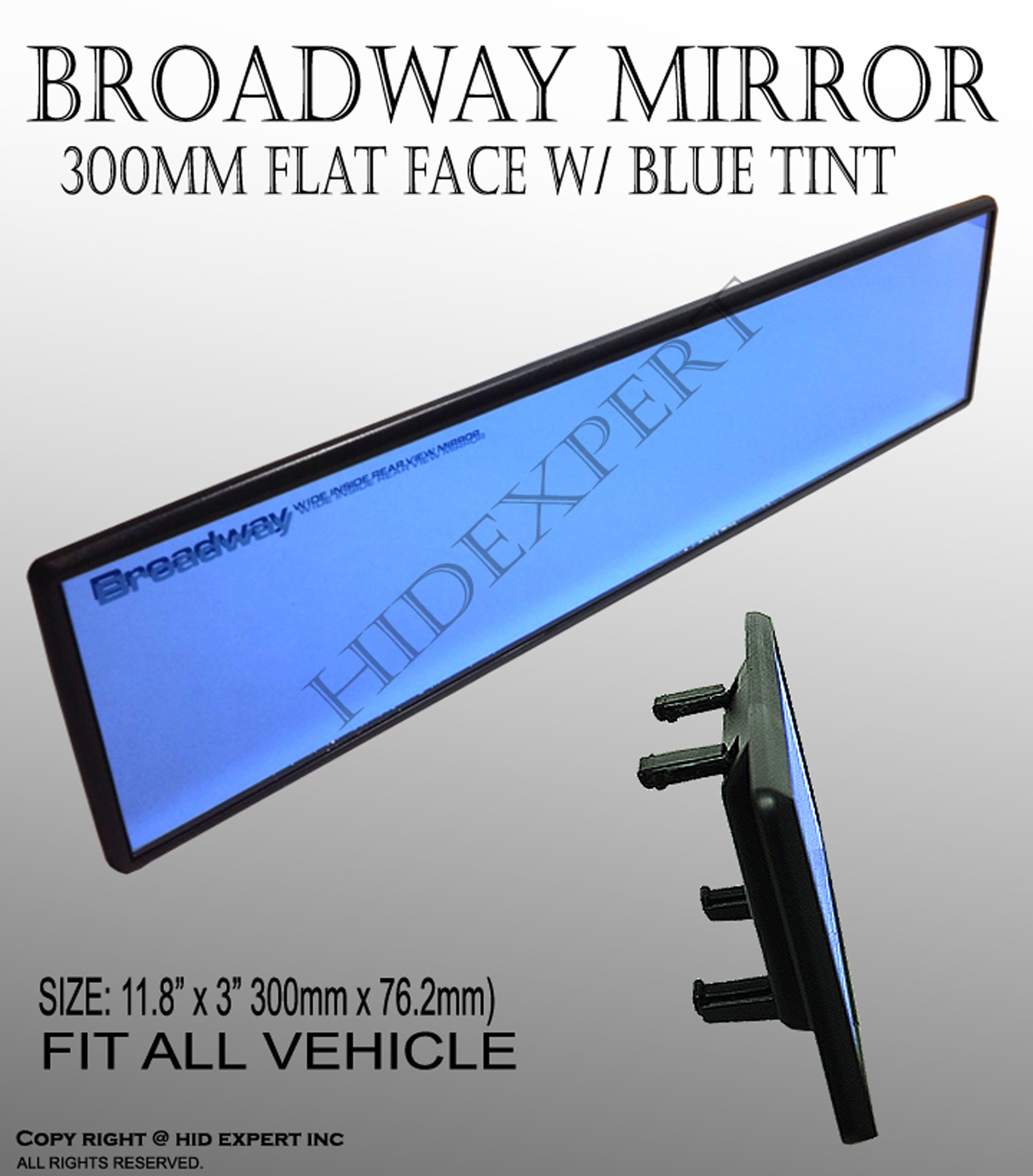 Broadway 300mm Clip On Rear View Flat Mirror Color Blue Tint Universal Interior Blind Spot Easy
