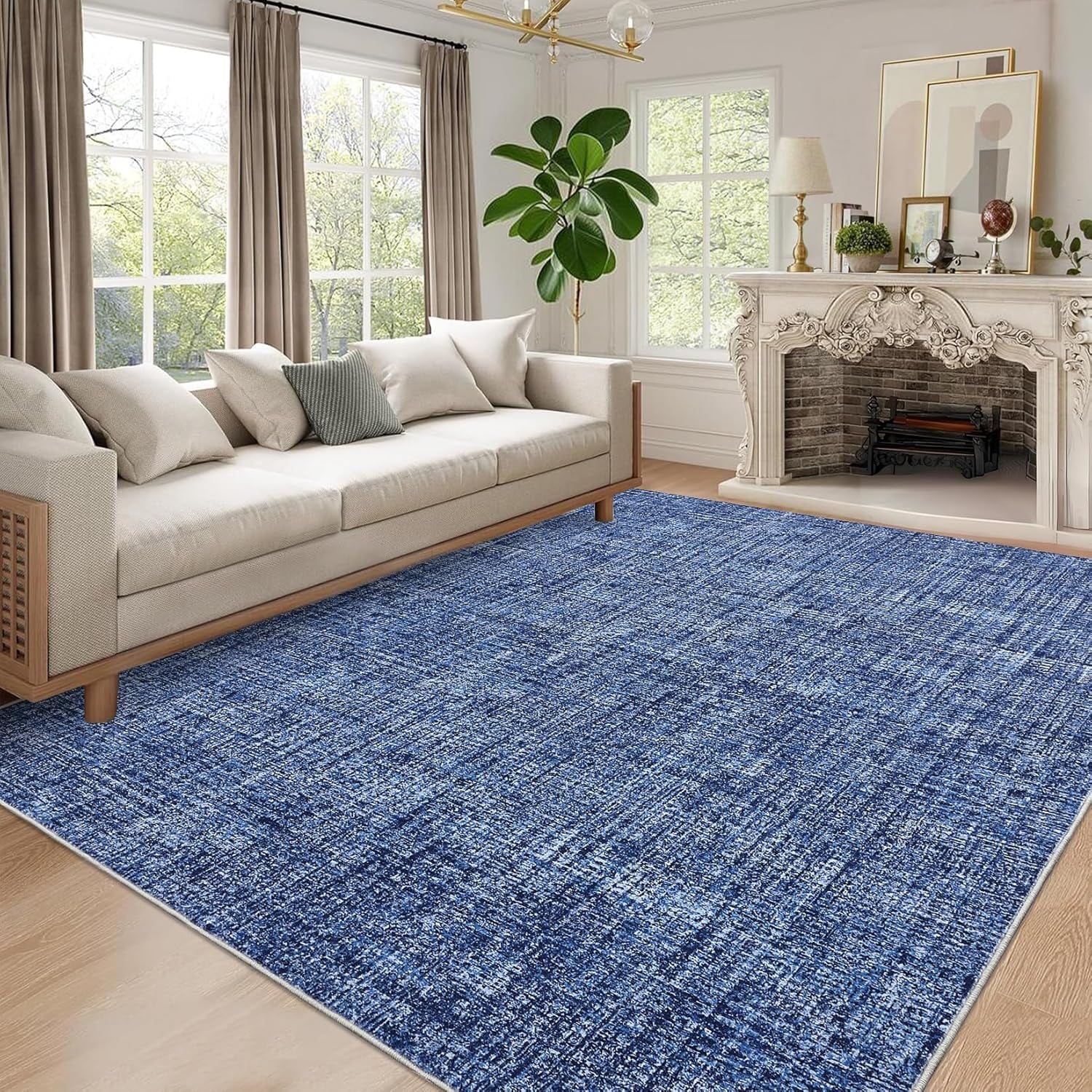 Memoryfield 9' x 12' Washable Area Rug, Stain-Resistant Low Pile Non Slip Carpet, Floor Mat for Living Room Bedroom Home Office, Blue