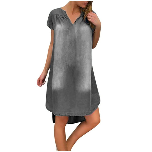 Fridja Robe d'Été Décontractée pour Femmes Col en V en Denim Robe Longue de Soirée Manches Courtes Robe Évasée