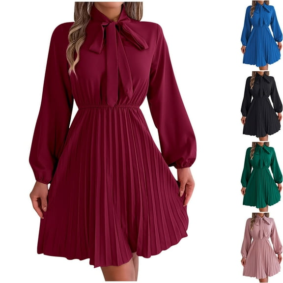 Ashirexll Womens Long Sleeve Dresses, Midi Dresses for Women, Temperament Solid Color Waistband Long Sleeve Pleated Dress