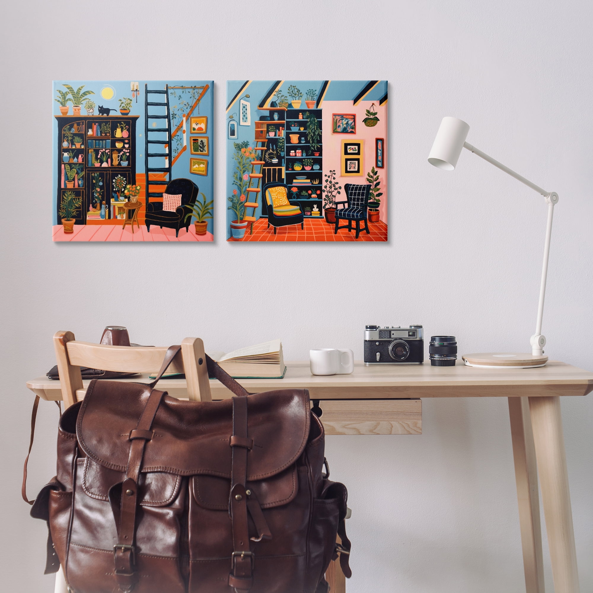 Stupell Industries Cozy Decorated Reading Nook Furniture Painting Wrapped Canvas Art Print Wall Art, 17 x 17, Set of 2
