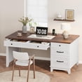 thumbnail image 1 of 53.5" Executive Desk with Power Outlet, Home Office Desk with Drawers, Wooden Work Desk with File Cabinet, Computer Desk for Work, Study, Writing, White and Brown, 1 of 8