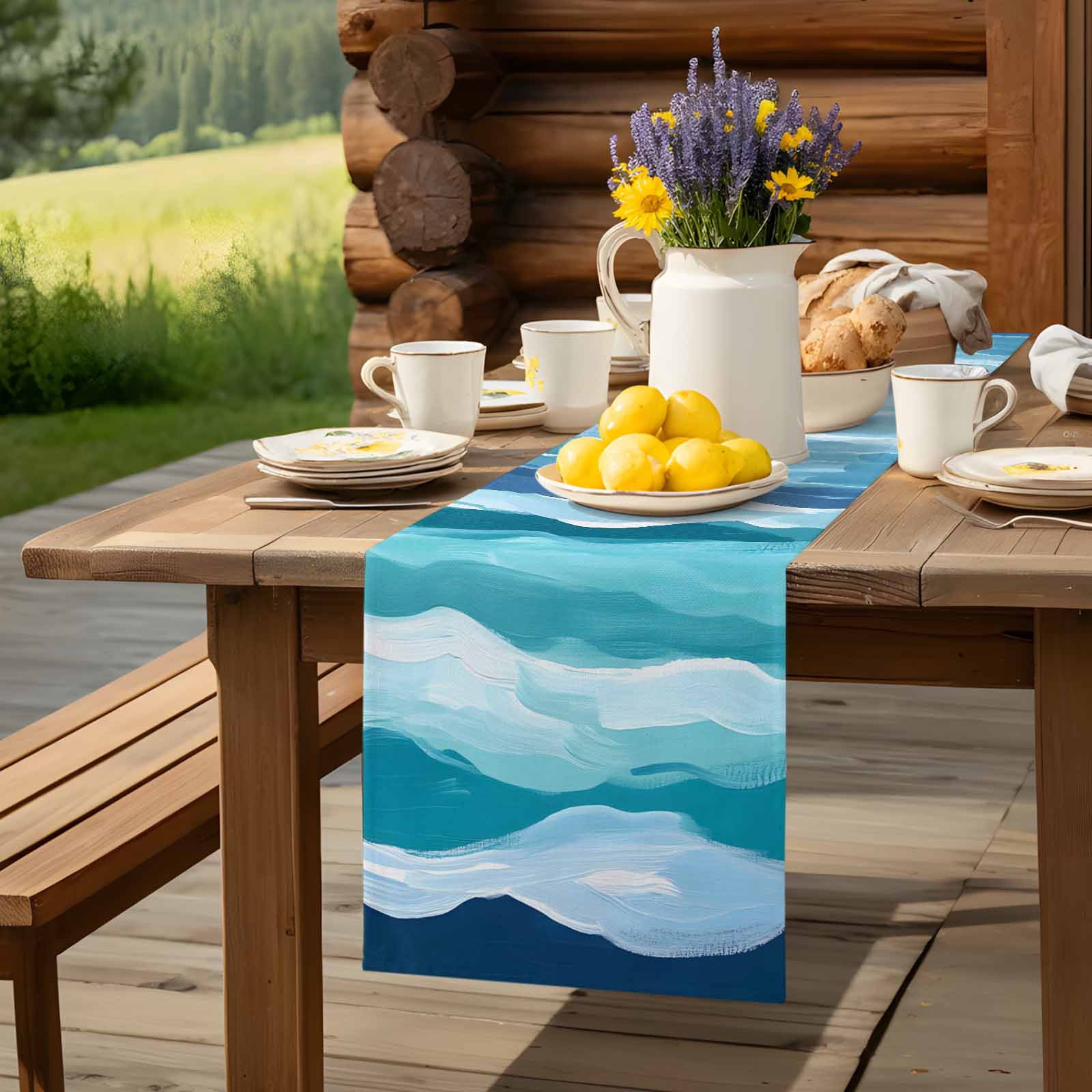 Summer Navy Blue Water Ripple Table Runner 90 Inches Long, Watercolor Gradient Ombre Table Runners Tabletop Scarf Kitchen Dining Tables Decoration for Home Party Indoor Outdoor