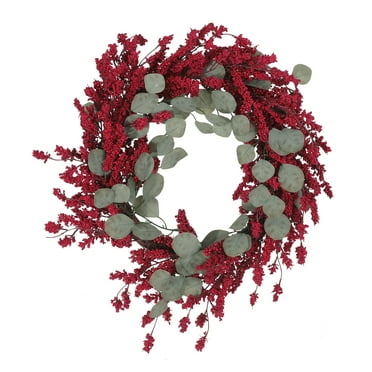 Noble House Donway Artificial Eucalyptus Wreath with Berries, Green and Red, 29"