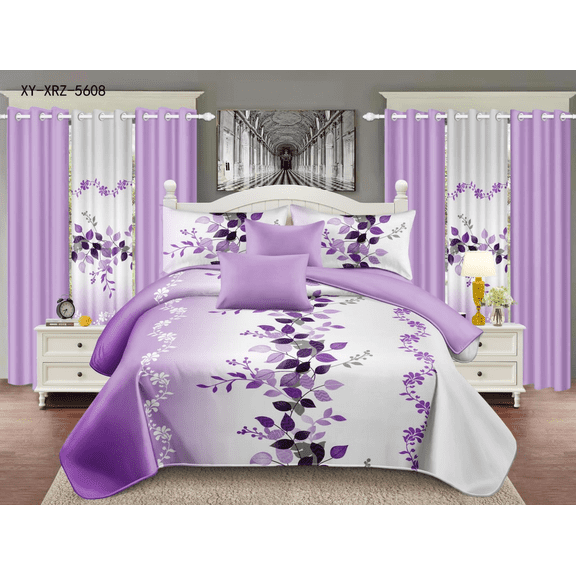 Purple Floral Leaf TWIN Size Printed Bedspread 9‑Piece Bedding & Matching Curtain Full Bedroom Set