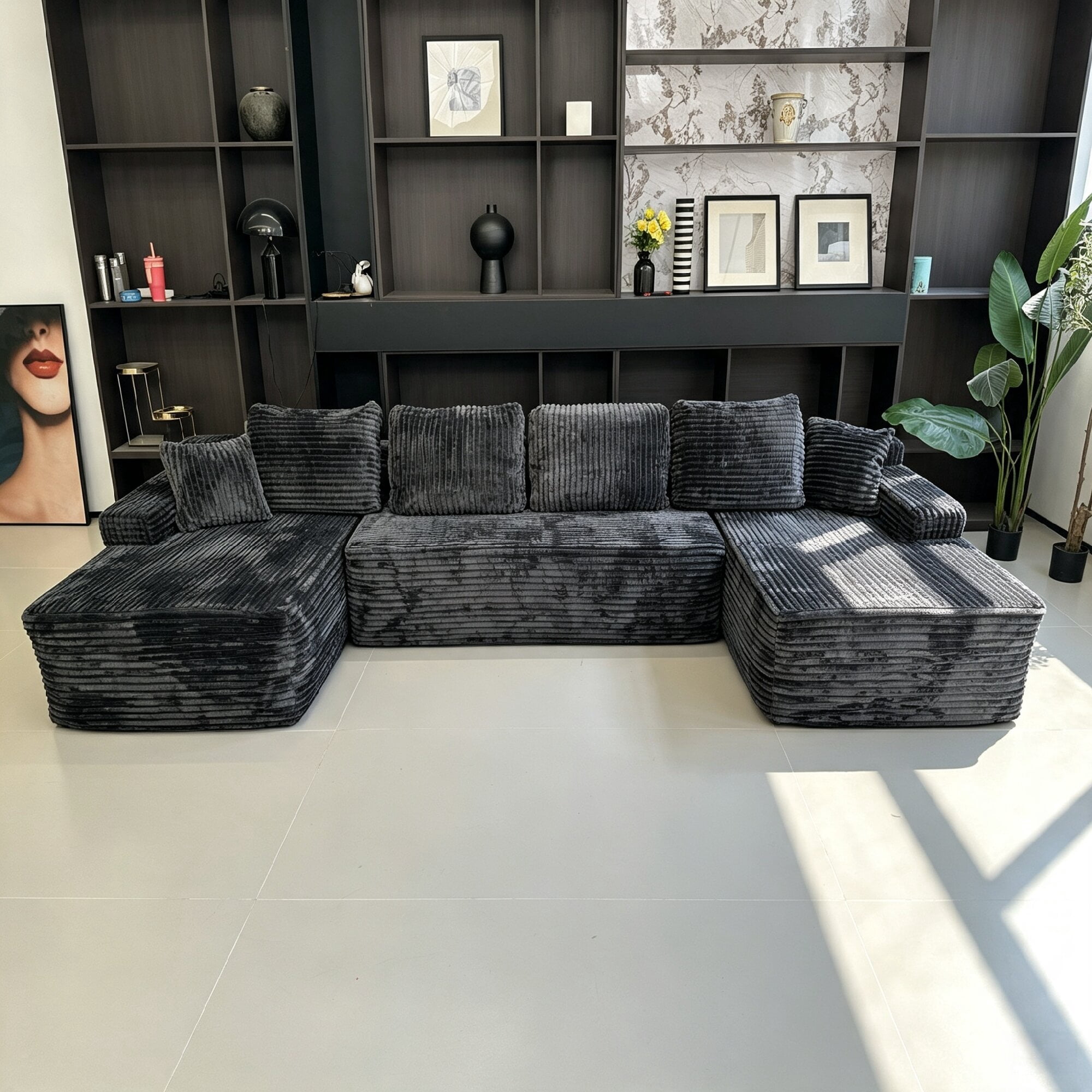 131" U-Shaped Modular Sectional Sofa, Oversized Cloud Couch with Plush Corduroy Deepened Seat, Modern U-Shape Sofa with 4 Throw Pillows and 2 Pillows for Living Room, 4 Seat, Gray