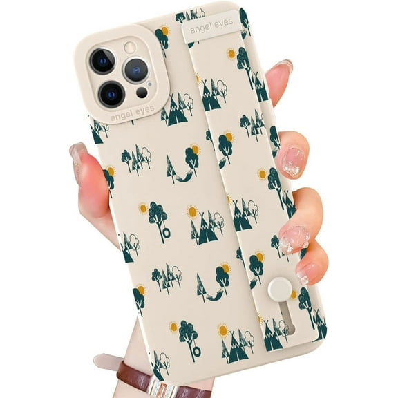 Compatible with iPhone 13 Pro Max Silicone Case with Wrist Strap, Stylish Green Print Soft Shockproof Cover Case for Women Girls