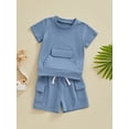 thumbnail image 3 of Suealasg Toddler Baby Boy 2Pcs Outfit Short Sleeve Front Pocket Tops + Elastic Waist Cargo Shorts Sets Newborn Boy Summer Clothes, 3 of 9
