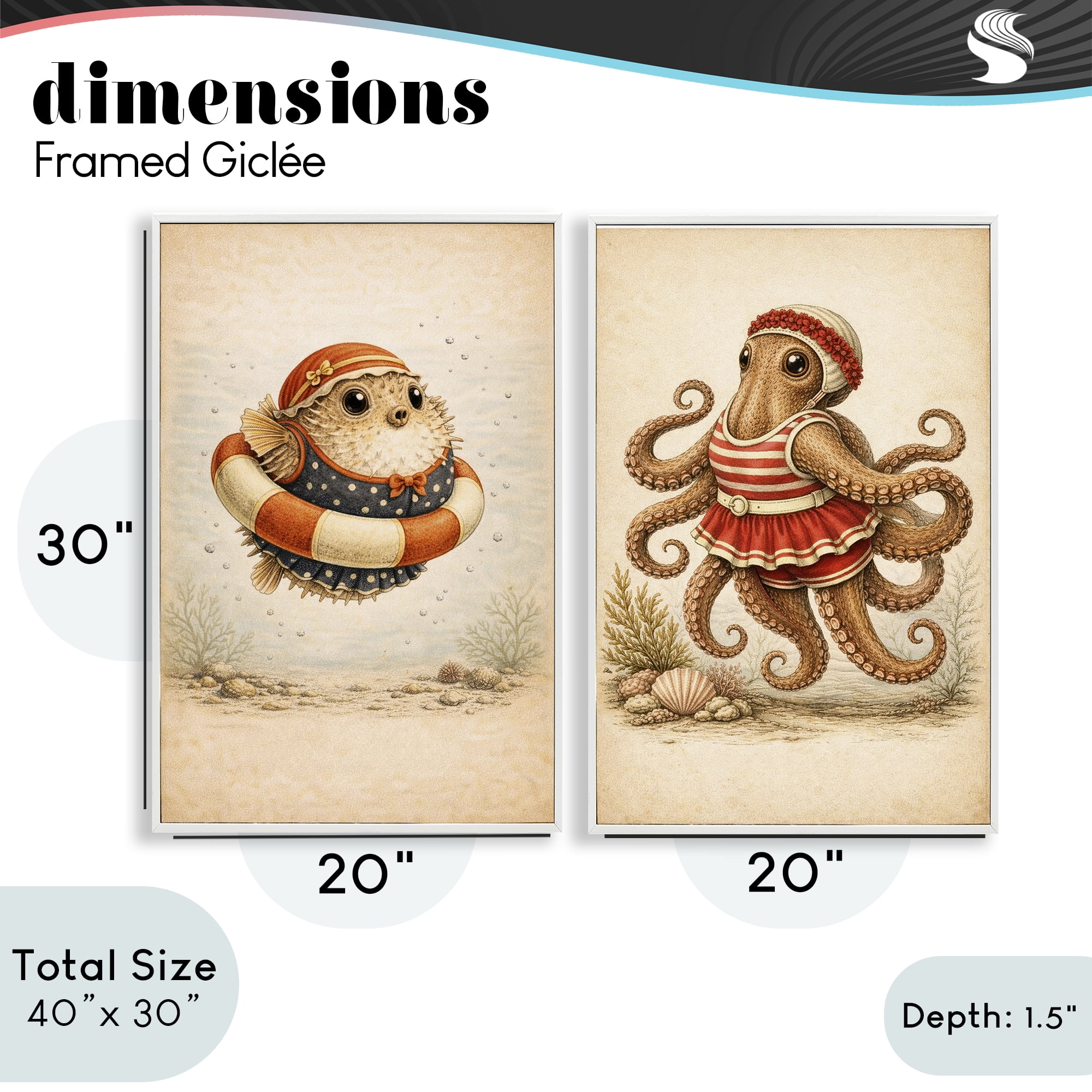 Stupell Industries Vintage Maritime Bathing Creatures 2 Piece White Framed Giclee Art Set, design by Grotto Studios