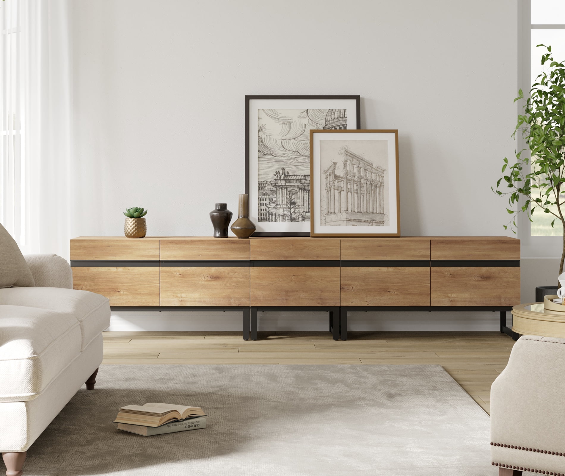 WAMPAT Modern TV Stand, 3-in-1 Entertainment Center with Storage Cabinets & Metal Base, 89" Oak, Fits TVs Up to 90"