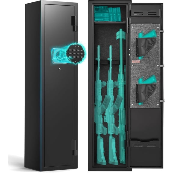 2-3 rifle and pistol safes, 180° quick-access digital gun cabinet (suitable for rifles and shotguns), modular gun cabinet with alarm system and silent mode.