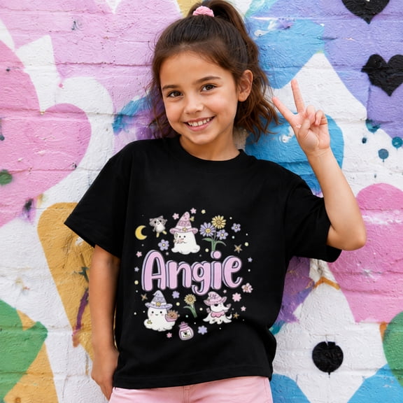 Cute Halloween Shirts for Girl, Personalized Floral Name Graphic Short Sleeve T-Shirt
