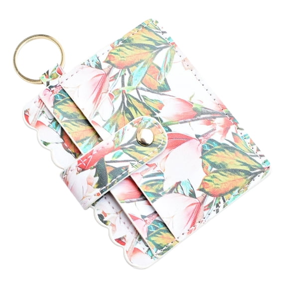 Polyurethane Leather Card Wallet with Key Ring – 3-in-1 Card Holder and Slim Multi-Slot Organizer, Floral Pattern Case with Metal Accents