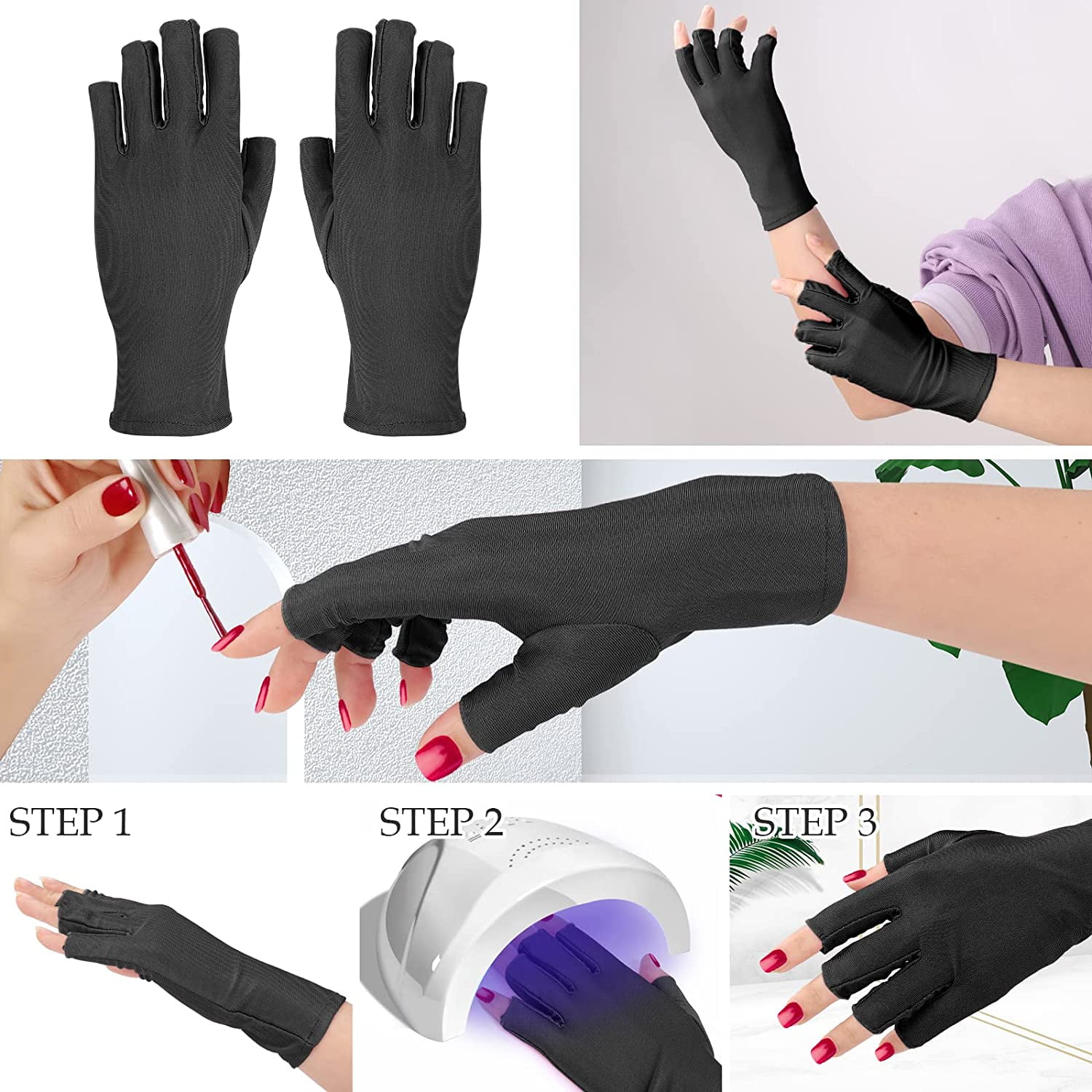 OUSITAID 2 Pairs Professional UPF50+ UV Protection Gloves for Manicures,  Nail Art Skin Care Fingerless Anti UV Sun Glove Protect Hands from UV Harm