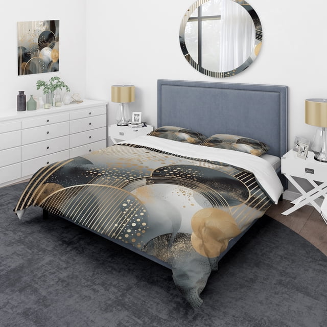 Designart "Minimalist Modern Shapes in Gold and Grey I" Abstract Modern Shapes Bedding Covert Set - Abstract Gold Modern Bed Set With 2 Shams