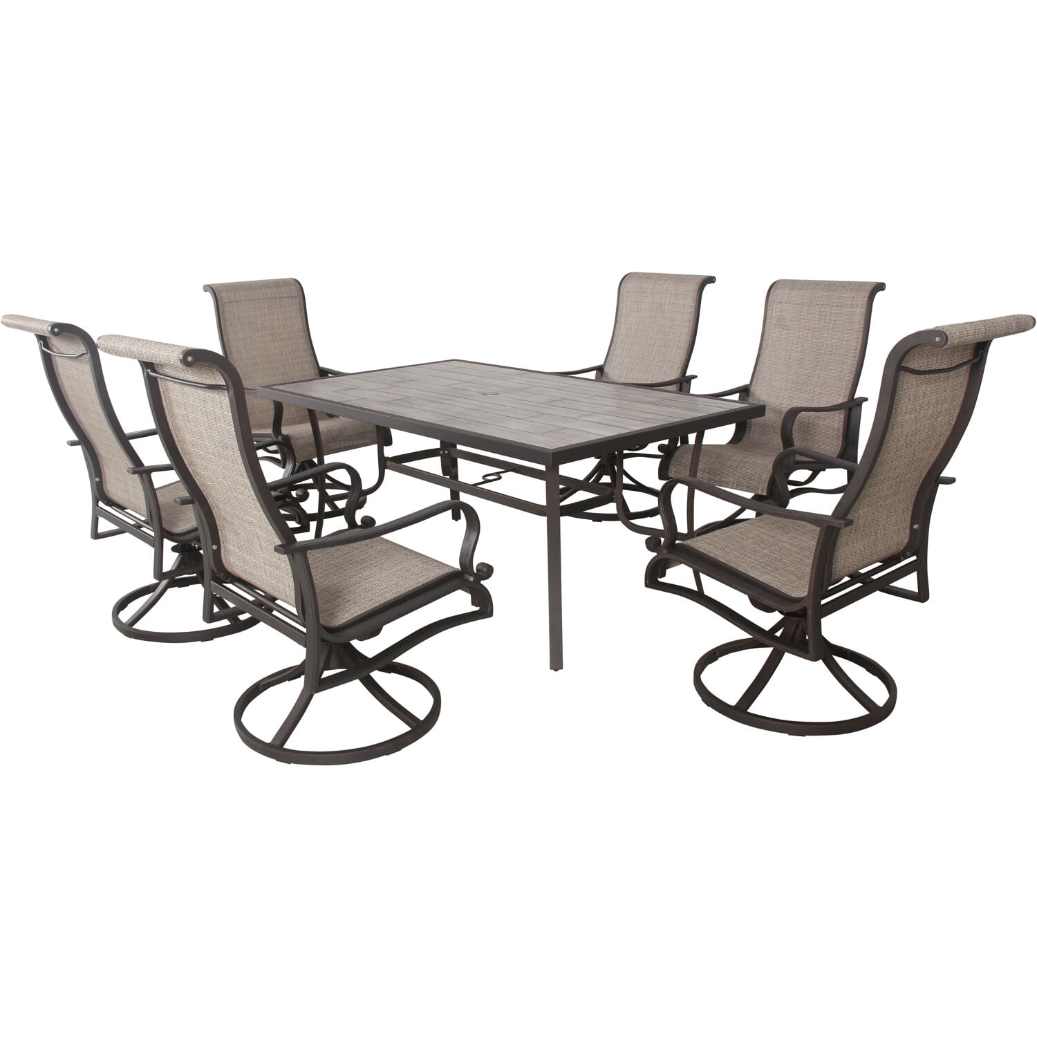 Hanover Venice 7-Piece Dining Set with 6 Sling Swivel Rocker Chairs and 66 in. x 40 in. Slat Top Table