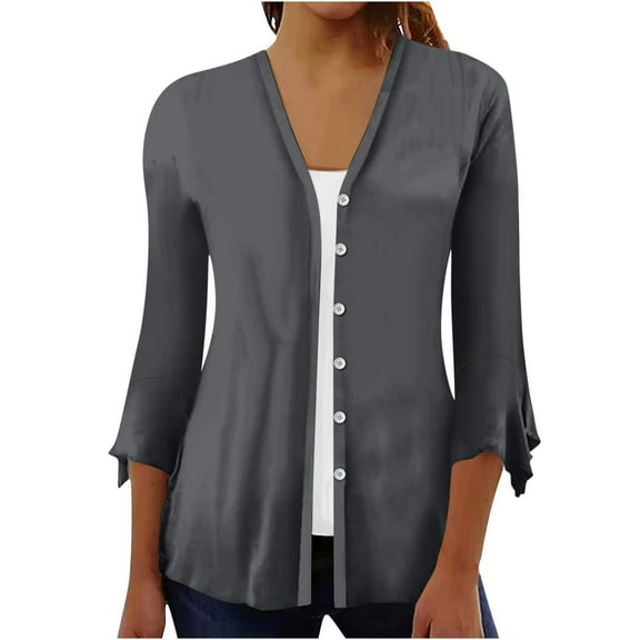Dezsed Women's Casual Lightweight Open Front Cardigans Soft Ruffles 3/4 Sleeve Cardigan Loose Blouse Tops Dark Gray XXL