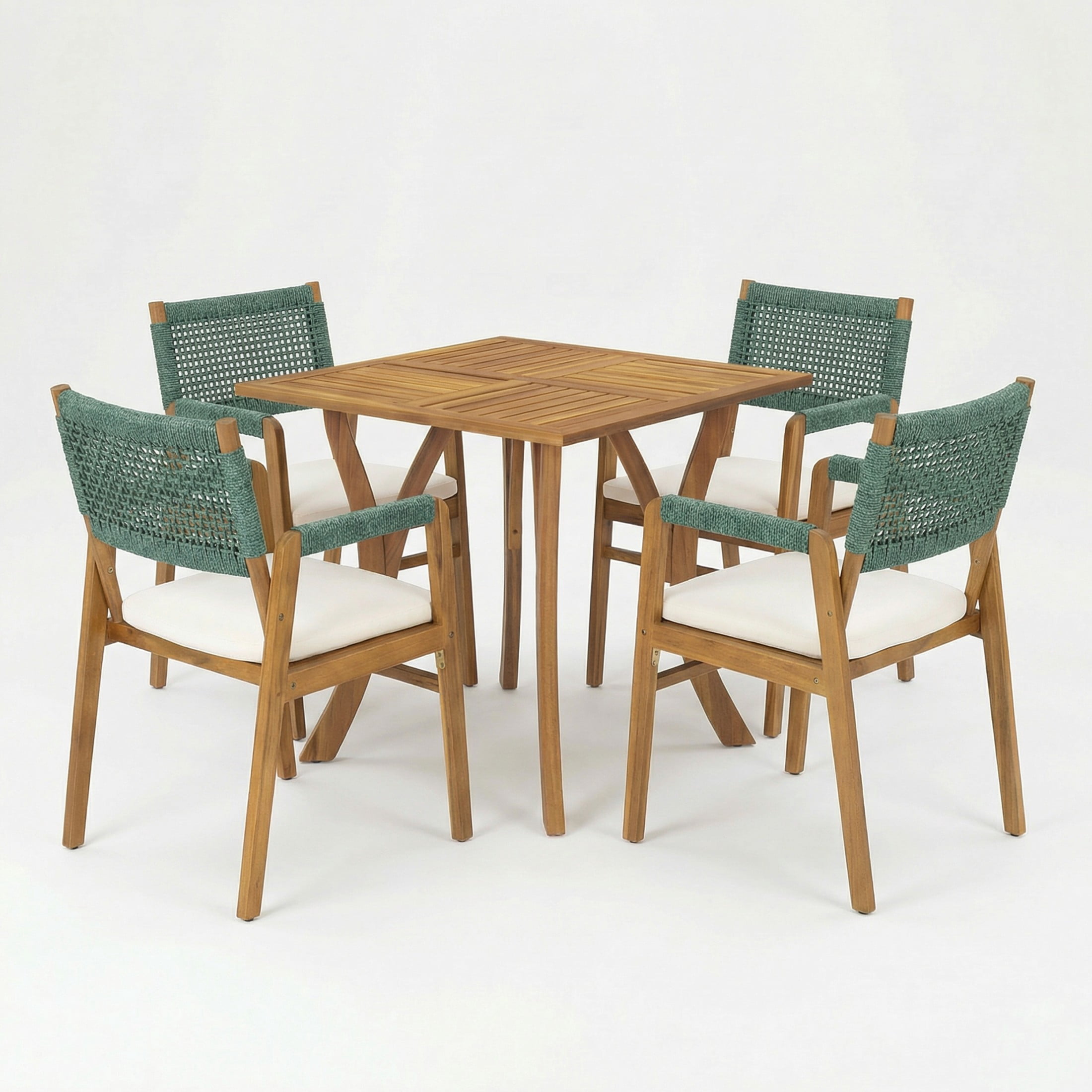 Christopher Knight Home 5-Piece Outdoor Wood Dining Set with Rope Chairs and Square Table, Green