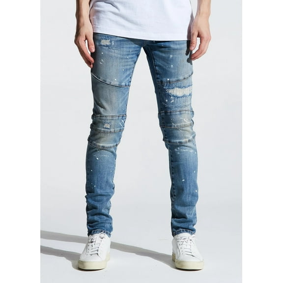 Crysp Denim Men's Moto Distressed Rip & Repair Paint Splatter Skinny Fit Jeans (30, Indigo Blue)