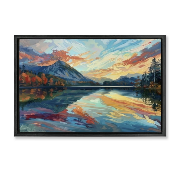 Stupell Industries Abstract Swirled Lake & Mountain Landscape & Nature Painting Black Floater Framed Canvas Art Print Wall Art, 25 x 17