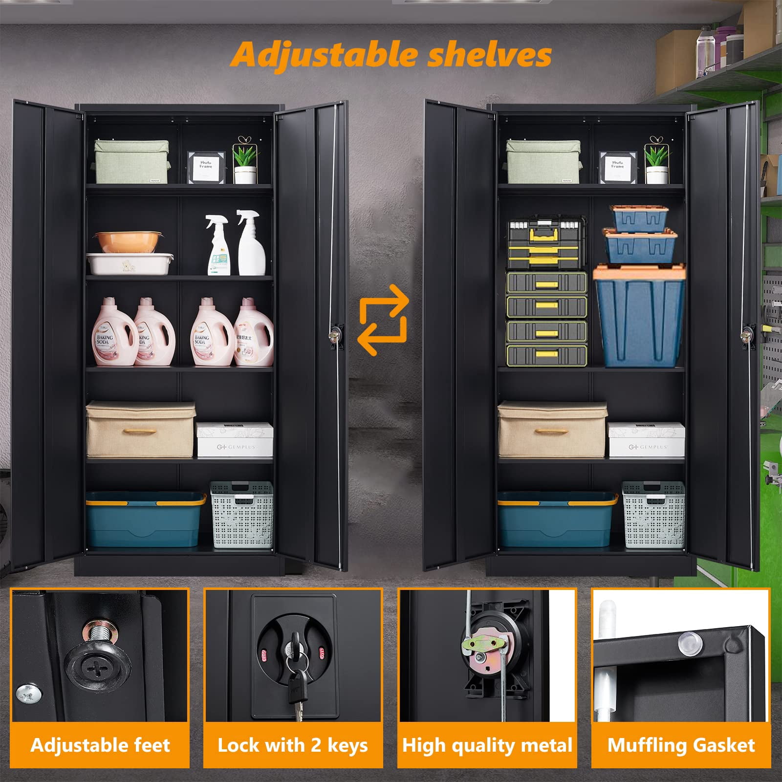 STANI Metal Garage Storage Cabinet with 2 Doors and 5 Adjustable Shelves - 71" Steel Lockable File Cabinet,Locking Tool Cabinets for Office,Home,Garage,Gym