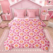 Manfei Tribal Boho Flower Bedding Comforter Set 7pcs, Pink Cherry Blossoms Queen Bedding Sets, Western Mandala Style Reversible Queen Sheet Sets, Breathable Home Decor