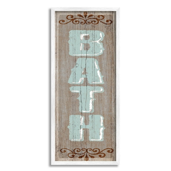 Stupell Industries Rustic Charm Bath Sign Blue Brown Family Bathroom, 13 x 30,Design by Art Licensing Studio