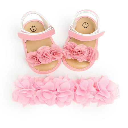 

0-18M Infant Newborn Baby Girls Sandals Floral Summer Solid Color Anti-slip First Walker Soft Sole Crib Princess Shoes+Headband 2Pcs Set