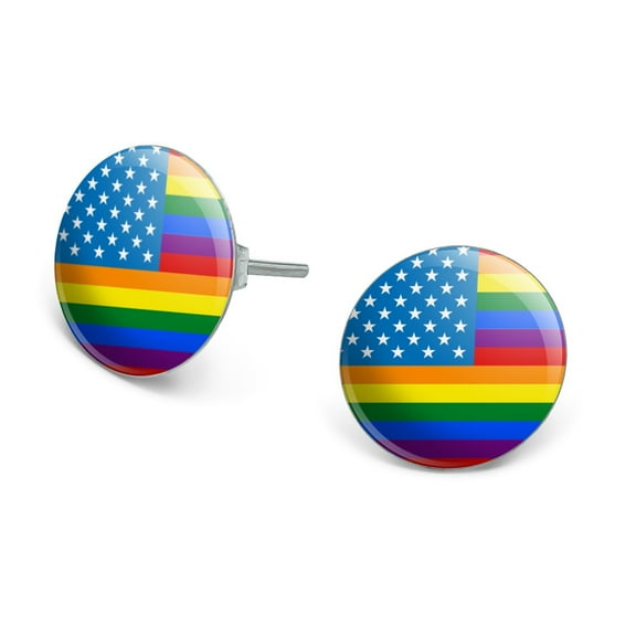 Gay Pride American Flag Rainbow Novelty Silver Plated Stud Earrings