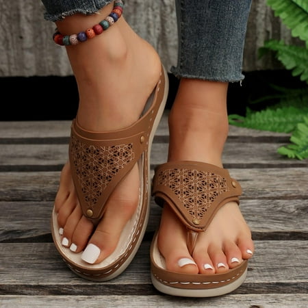 

HAOTAGS Women s Flat Sandals Dressy T-Strap Thong Sandals Beach Slide Sandals Clip Toe Platform Hollow Casual Summer Shoes Brown Size 9