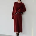 thumbnail image 2 of Two Piece Solid Lounge Set for Women Long Sleeve Crewneck Shirt Long Skirt Knitted Outfits Wine Free Size, 2 of 8