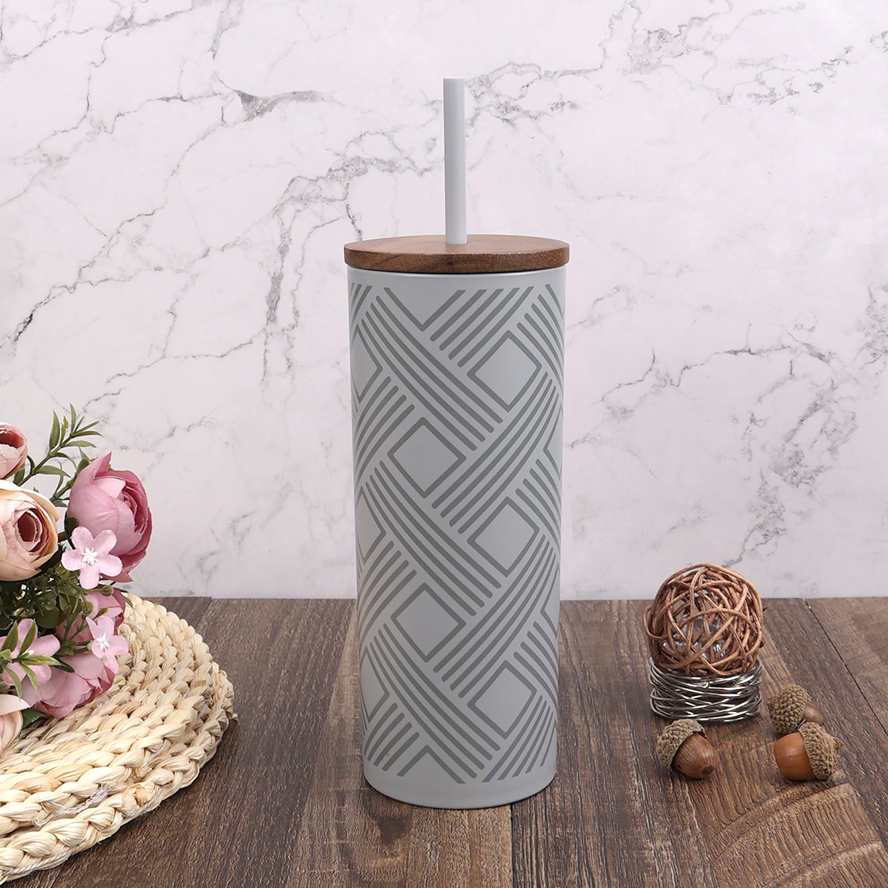 Mainstays 30-Ounce Eco-Friendly Plastic Textured Tumbler with Wood Lid and  Straw, Gray 