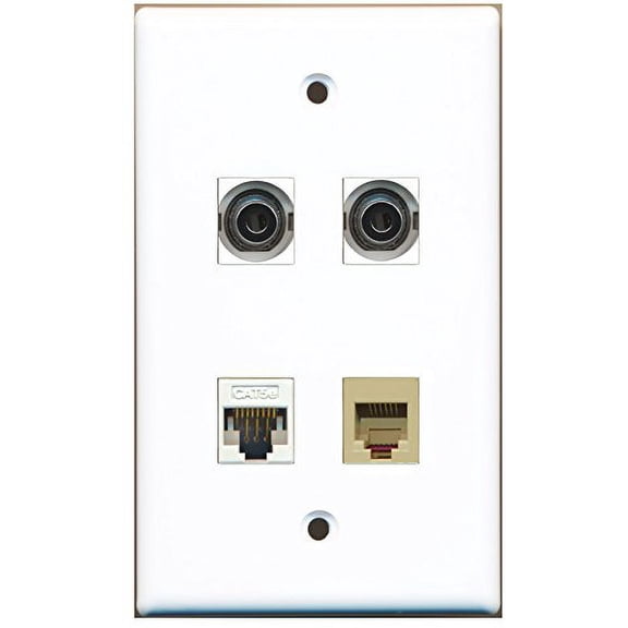 RiteAV - 1 Port Phone RJ11 RJ12 Beige 2 Port 3.5mm 1 Port Cat5e Ethernet White Wall Plate