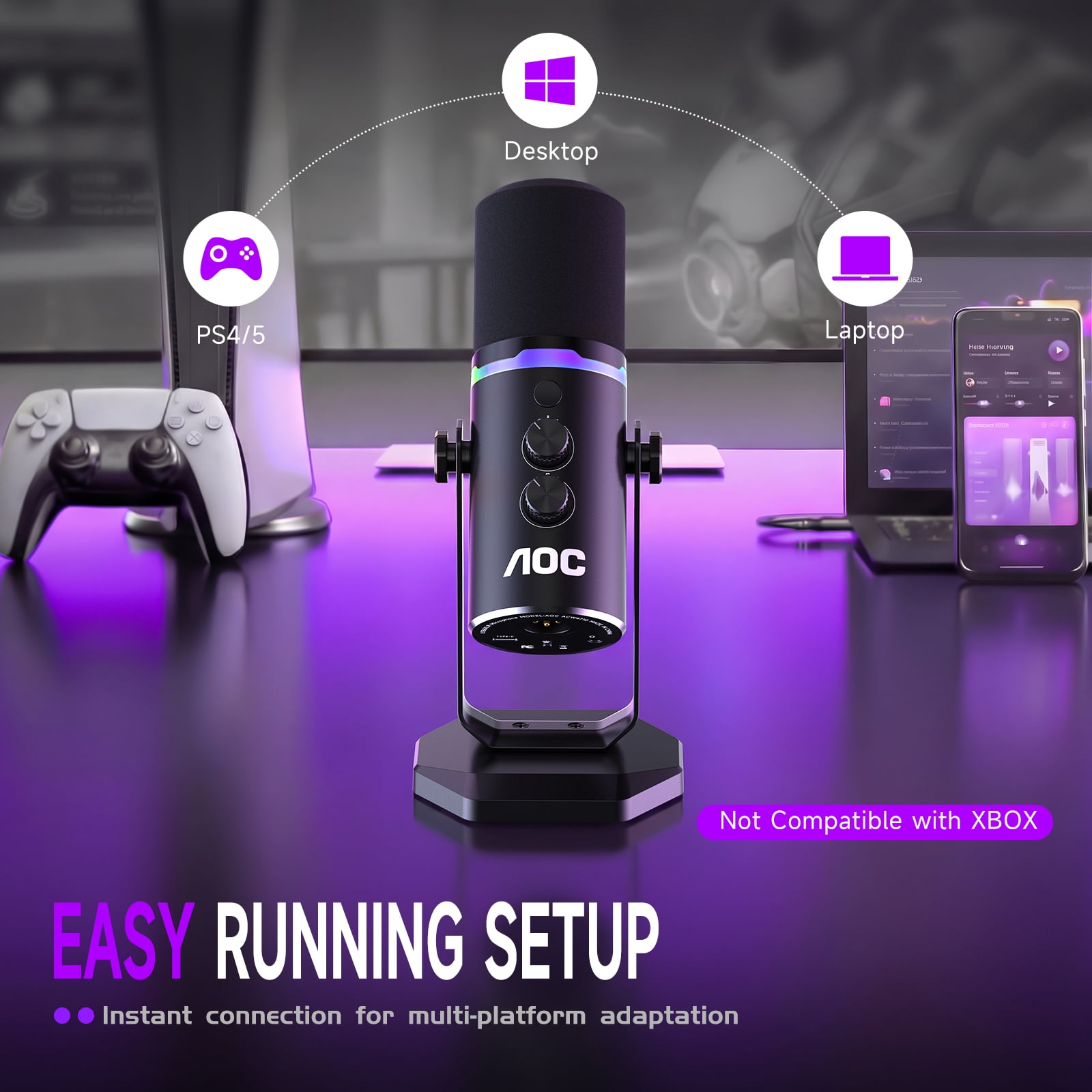 AOC USB/XLR Dynamic Microphone for Podcast Recording, PC Computer Gaming Streaming Mic with RGB Light, Mute Button, Headphones Jack, Desktop Stand, Vocal Mic for Singing YouTube, Black