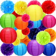 52 Pcs Mexican Fiesta Party Decorations 24 Fiesta Rainbow Tissue Paper Pom Poms 28 Hanging Paper Lanterns for Cinco De Mayo Rainbow Parties Birthday Baby Shower