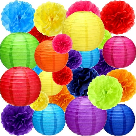 52 Pcs Mexican Fiesta Party Decorations 24 Fiesta Rainbow Tissue Paper Pom Poms 28 Hanging Paper Lanterns for Cinco De Mayo Rainbow Parties Birthday Baby Shower