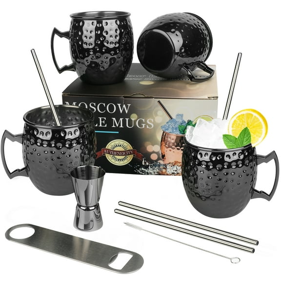 Moscow Mule Mug Set of 4 18oz 550ml Gunmetal Black Stainless Steel Mule Mug Reusable Straws