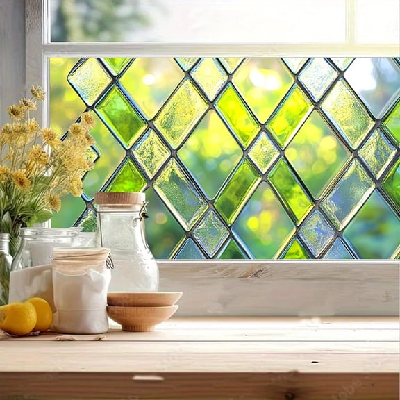 Green Diamond Window Privacy Film Static Cling Frosted Glass Sticker Decorative Window Film UV Blocking Reusable Window Tint