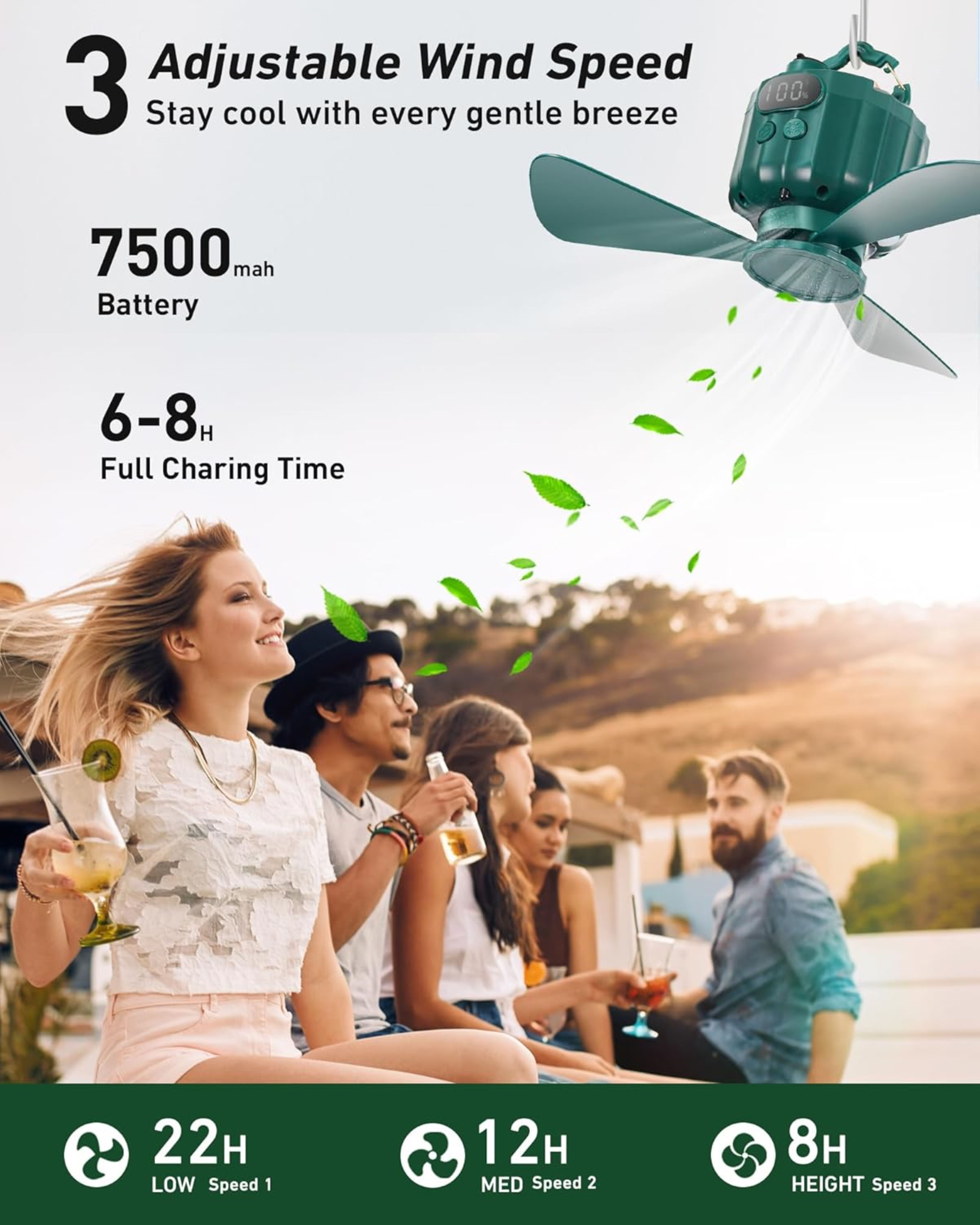 Portable Ceiling Fans with Remote Control, Power Bank, USB Battery Operated Camping Fan with Hanging Hook for Canopy Tents, Emergency Survival