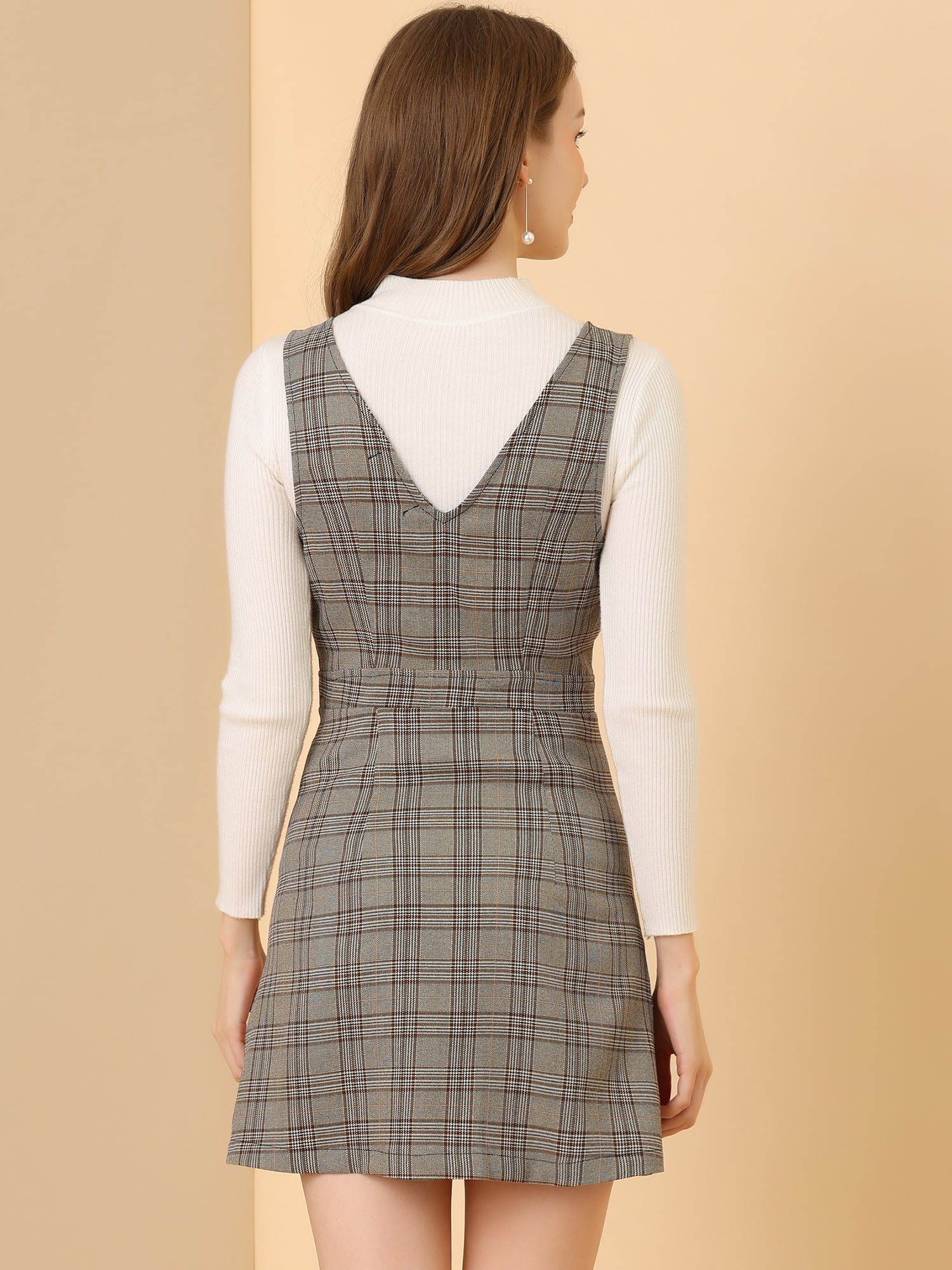 DARING DIVA Houndstooth Plaid Suspenders Pinafore Overall Dress S Brown Black