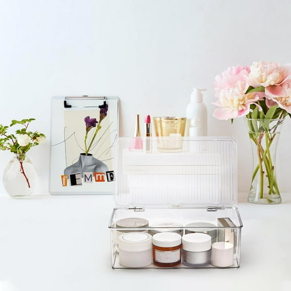 3 Pack Clear Acrylic Storage Bins with Hinged Lid, Stackable Cosmetic Organizer for Home & Office