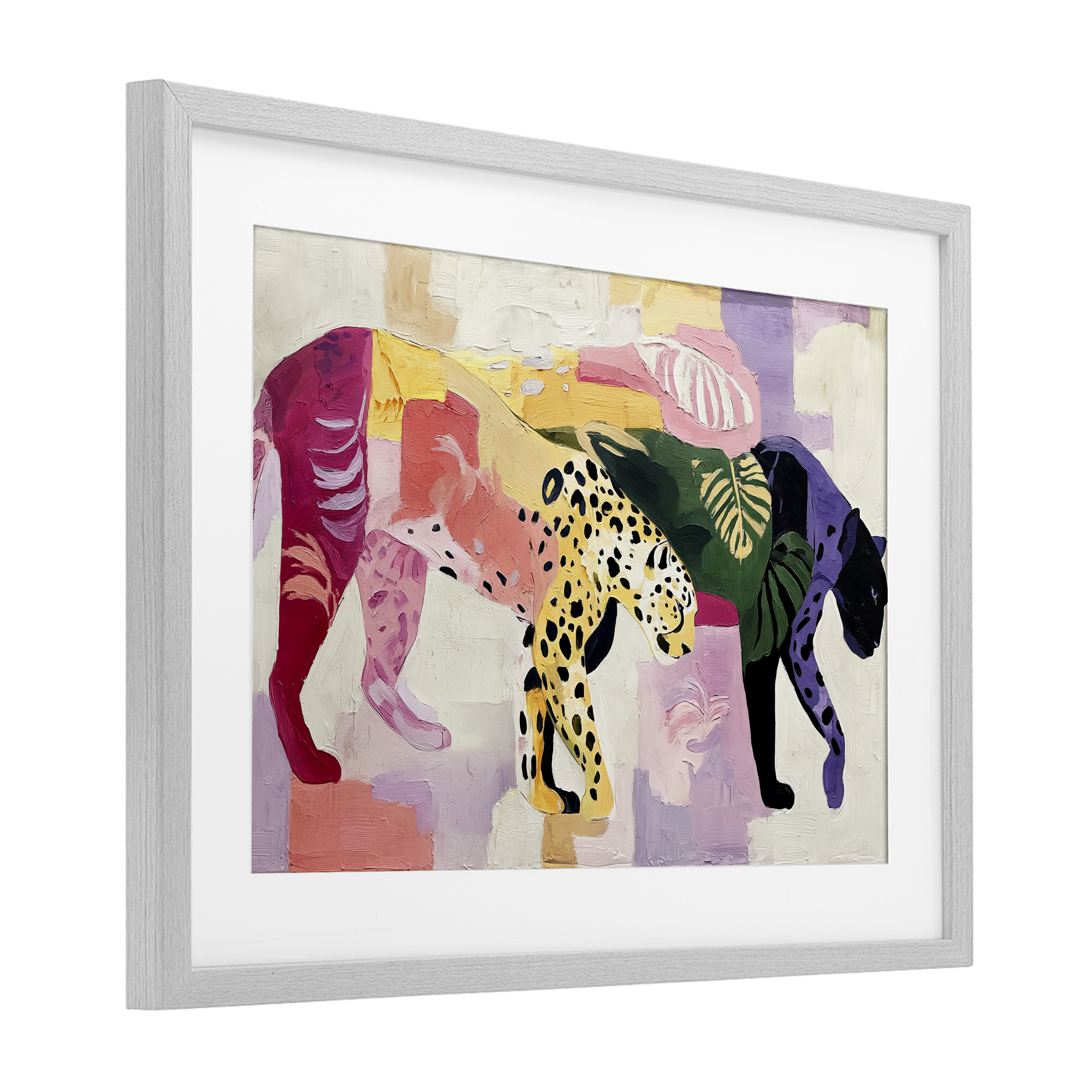 Candy Cats Tropical Wildlife Gray Framed Print Under Glass, design by Annabelle Hall