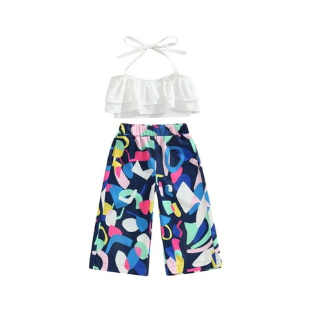 

Toddler Kids Girls 2Pcs Sets Sleeveless Tiered Ruffle Cami Tops Wide Leg Pants Sets Summer Clothes