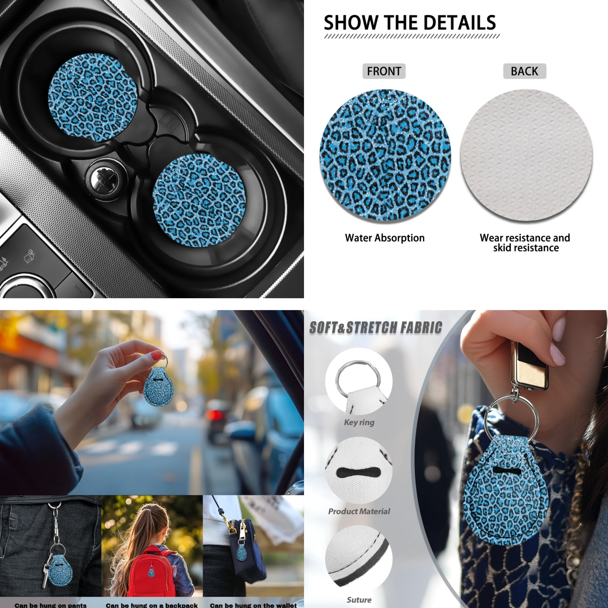 Jeiento Blue Leopard Print 13 PCS Car Seat Cover Full Set, Steering Wheel Seat Belt Center Console Cover Coaster Keychain Chapstick Holder Universal Fit for Most Vehicles