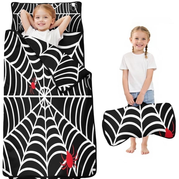 Black Halloween Spider Webs Toddler Nap Mats for Kids Preschool,50"x20" Sleeping Mat Bag or Kids,Toddler Sleeping Bag,Toddler Nap Mat or Daycare