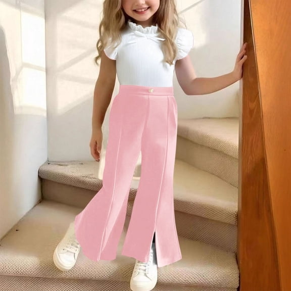 hengsof Children's 2 Piece Set Cute Top with Ruffled Sleeves Bow Solid Color Flared Pants Summer Casual Stylish Set