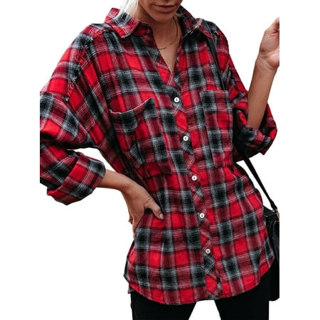 Vitmona Women's Plaid Front Dual Chest Pcoket Button-up Long Sleeve Oversize Shirt