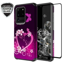 Cute Silicone Protective Heavy Duty Phone Case For Galaxy S20 Ultra Cover w/[ Temper Glass Screen Protector] for Galaxy S20 Ultra Case - Hot Pink Heart