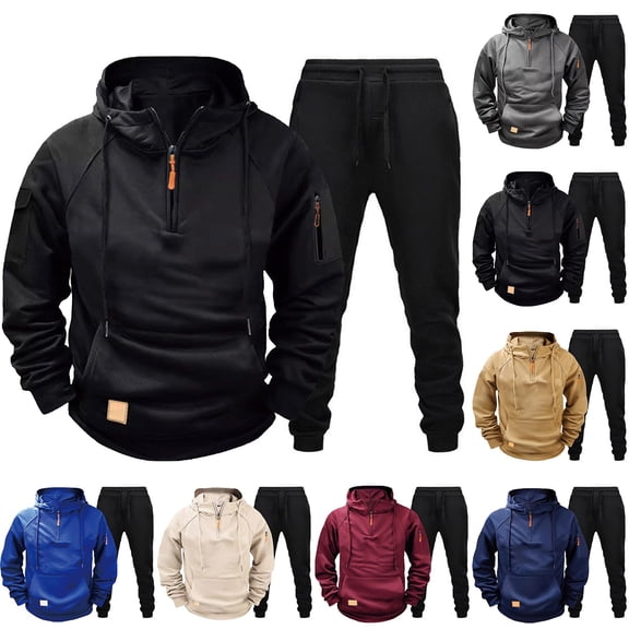 Blekii Men's Warm Sweatsuit Set, Solid Color Fleece Hoodie & Pants, Winter Lounge Two-Piece Outfit, Thick Cozy Home Wear Set, Matching Gym Joggers Outfit, Complete Casual Set for