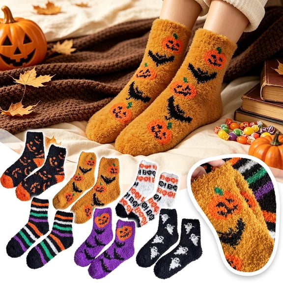 Women Halloween Socks,Cute Funny Thick Terry Mid‑Calf Sleep Floor Socks Fall Winter Home Holiday Wear